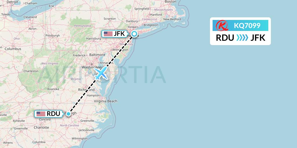 KQ7099 Kenya Airways Flight Map: Raleigh-Durham to New York