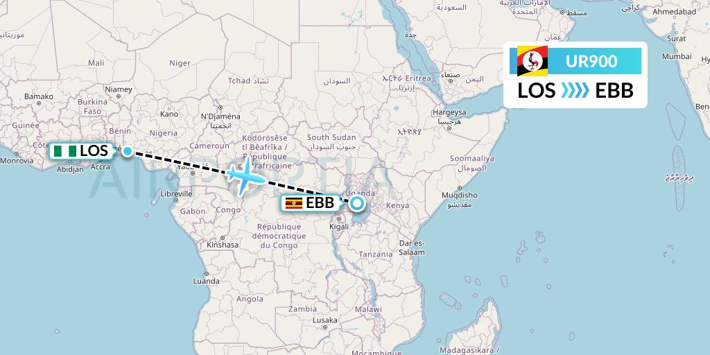 UR900 Uganda Airlines Flight Map: Lagos to Entebbe