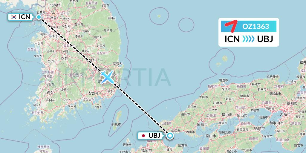 OZ1363 Asiana Airlines Flight Map: Seoul to Ube