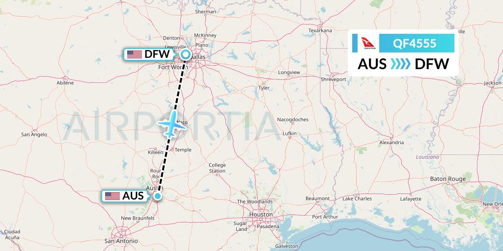 QF4555 Qantas Flight Map: Austin to Dallas
