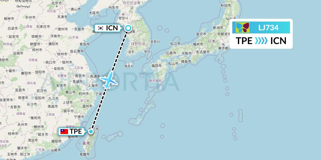 LJ734 Jin Air Flight Map: Taipei to Seoul