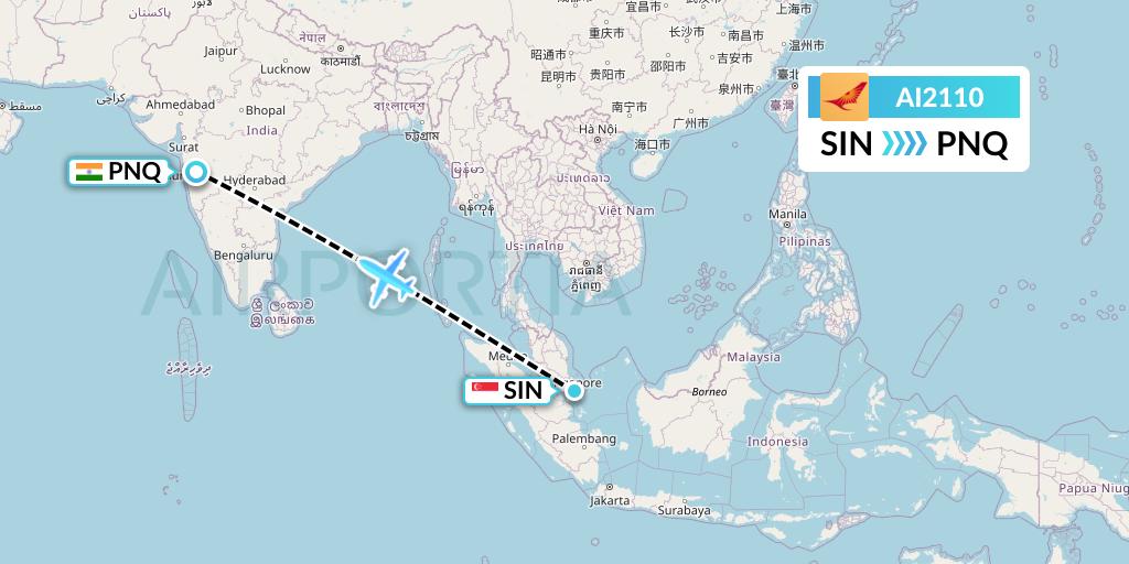AI2110 Air India Flight Map: Singapore to Pune