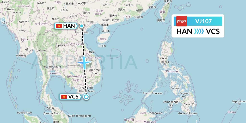 VJ107 VietJet Air Flight Map: Hanoi to Con Dao