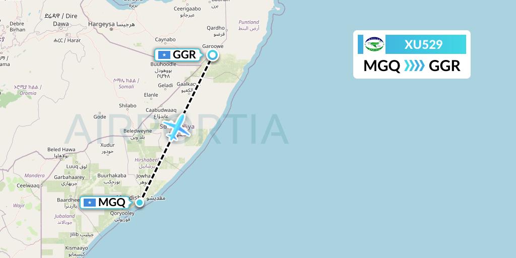 XU529 African Express Airways Flight Map: Mogadishu to Garoe