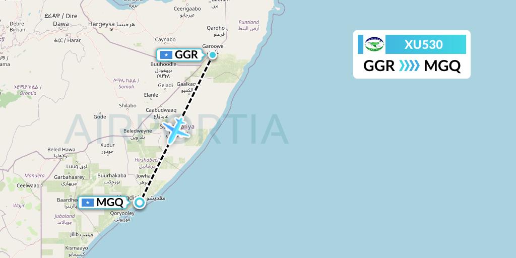 XU530 African Express Airways Flight Map: Garoe to Mogadishu