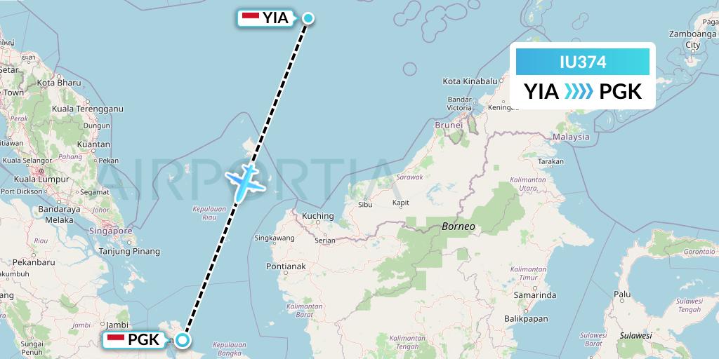 IU374 Pt. Super Air Jet Flight Map: Yogyakarta to Pangkal Pinang