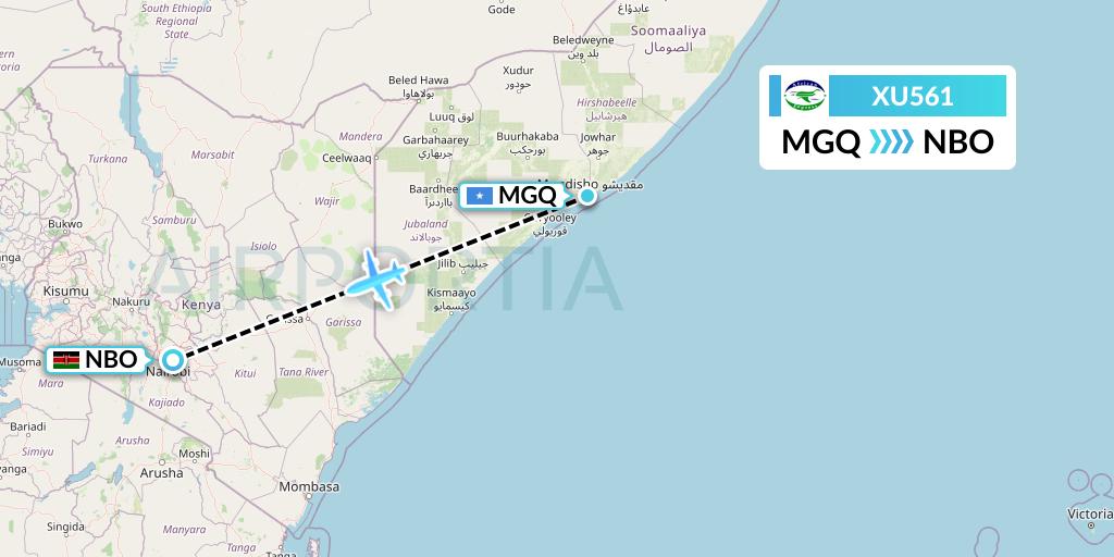 XU561 African Express Airways Flight Map: Mogadishu to Nairobi