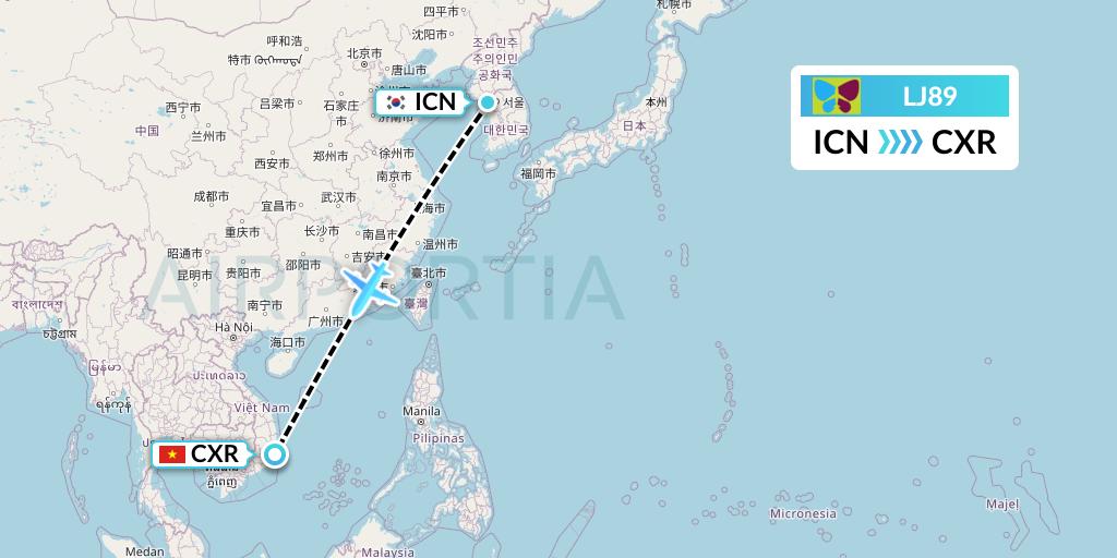 LJ89 Jin Air Flight Map: Seoul to Nha Trang