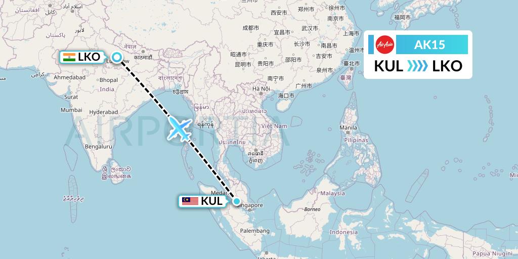AK15 AirAsia Flight Map: Kuala Lumpur to Lucknow
