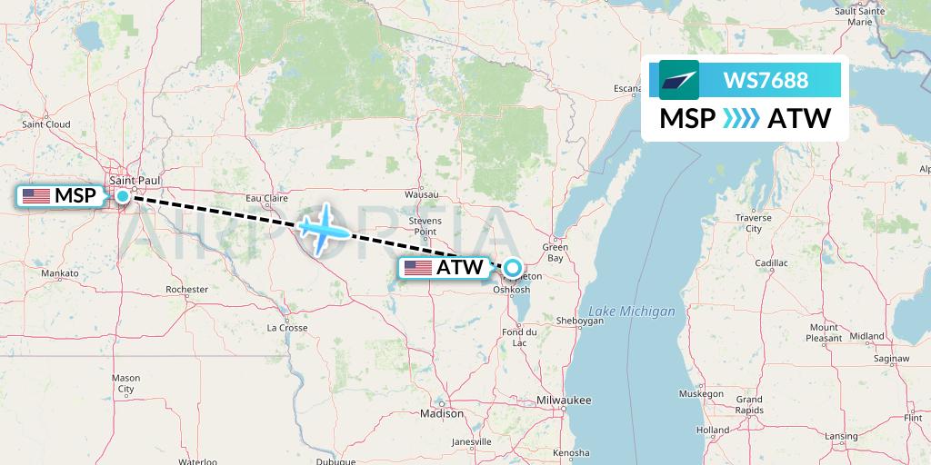 WS7688 WestJet Flight Map: Minneapolis to Appleton