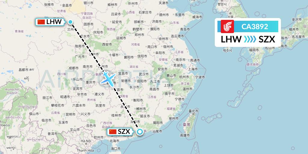 CA3892 Air China Flight Map: Lanzhou to Shenzhen