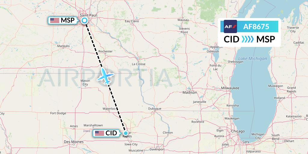 AF8675 Air France Flight Map: Cedar Rapids to Minneapolis