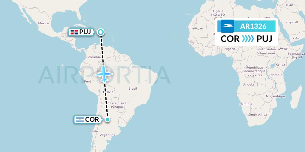 AR1326 Aerolineas Argentinas Flight Map: Cordoba to Punta Cana