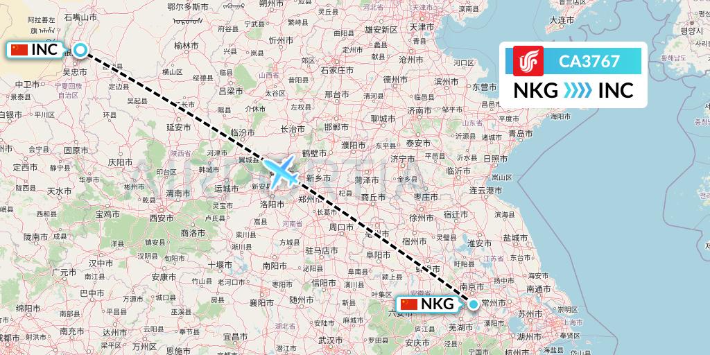 CA3767 Air China Flight Map: Nanjing to Yinchuan