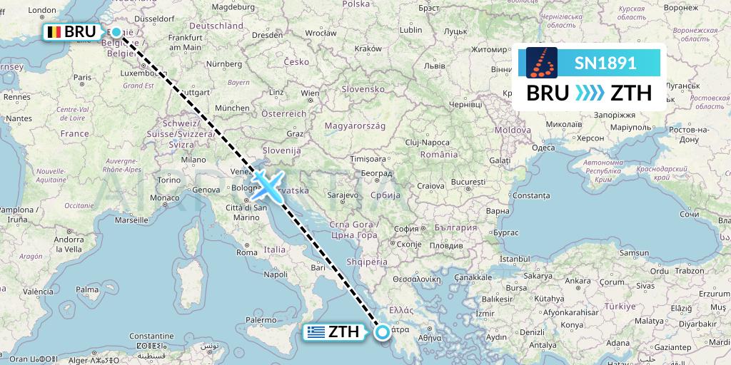 SN1891 Brussels Airlines Flight Map: Brussels to Zakynthos