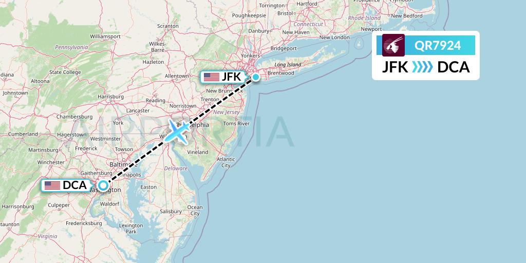 QR7924 Qatar Airways Flight Map: New York to Washington