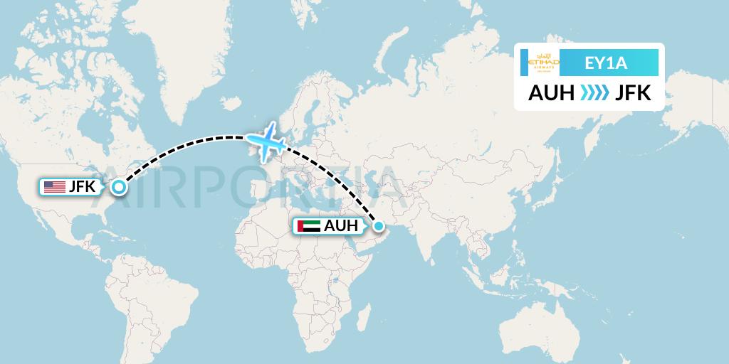 EY1A Etihad Airways Flight Map: Abu Dhabi to New York
