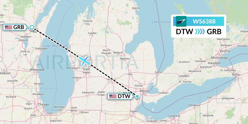 WS6388 WestJet Flight Map: Detroit to Green Bay