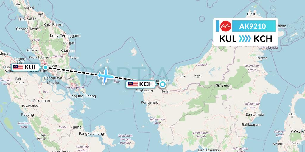 AK9210 AirAsia Flight Map: Kuala Lumpur to Kuching