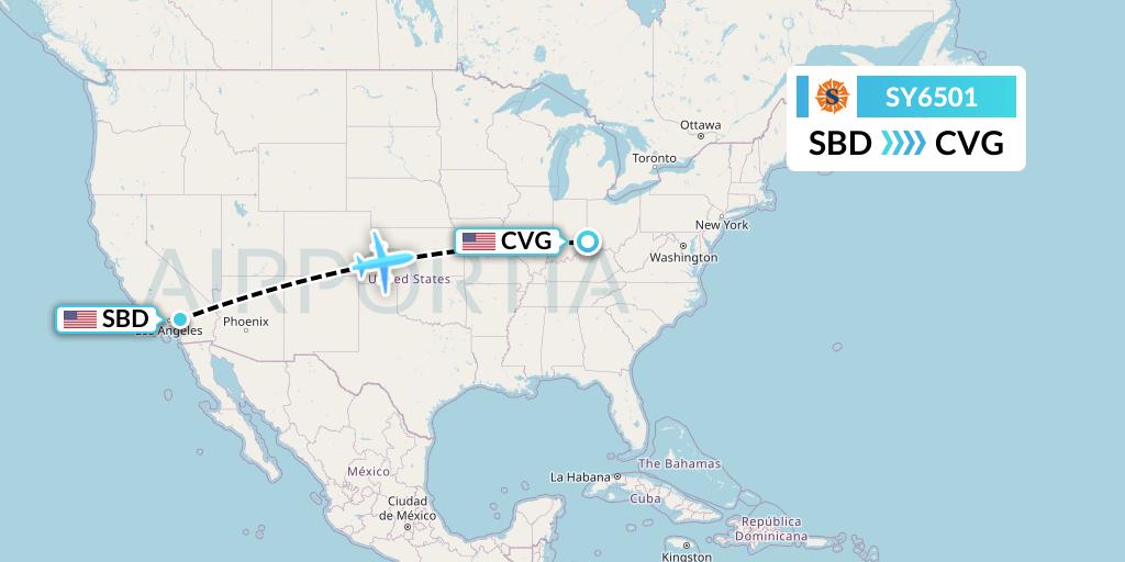 SY6501 Sun Country Airlines Flight Map: San Bernardino to Cincinnati