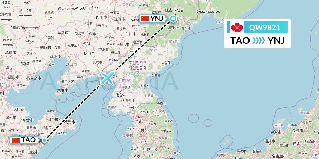 QW9821 Qingdao Airlines Flight Map: Qingdao to Yanji