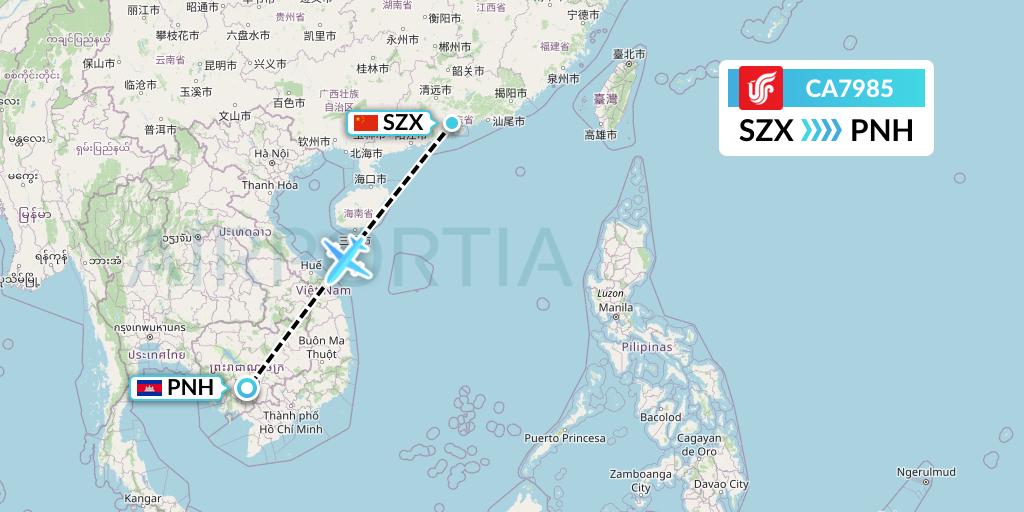 CA7985 Air China Flight Map: Shenzhen to Phnom Penh