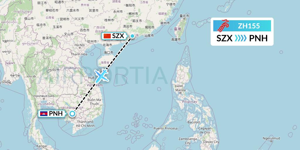 ZH155 Shenzhen Airlines Flight Map: Shenzhen to Phnom Penh