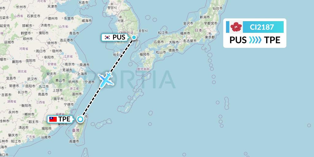 CI2187 China Airlines Flight Map: Busan to Taipei