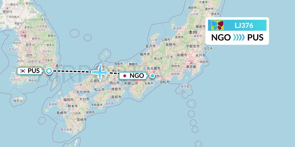 LJ376 Jin Air Flight Map: Nagoya to Busan