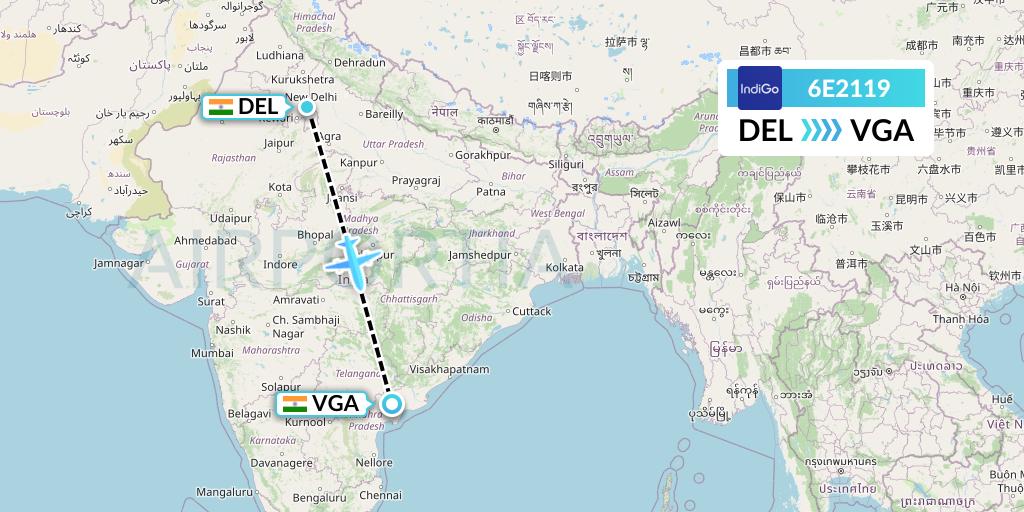 6E2119 IndiGo Airlines Flight Map: Delhi to Vijayawada