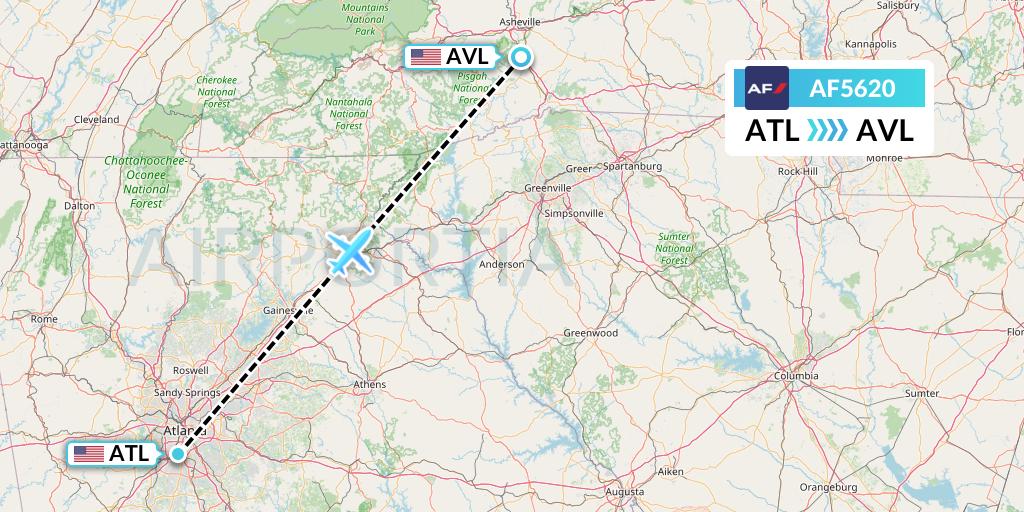 AF5620 Air France Flight Map: Atlanta to Asheville