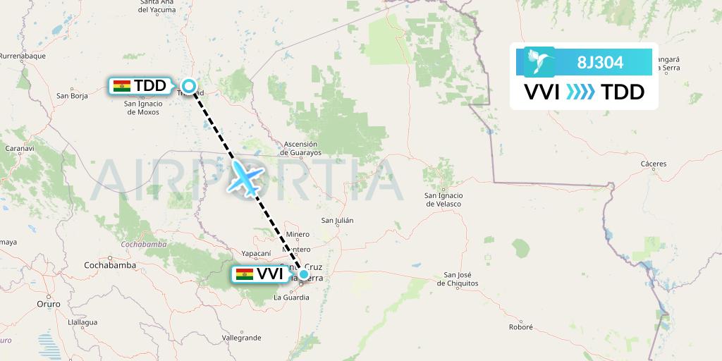 8J304 EcoJet Flight Map: Santa Cruz to Trinidad