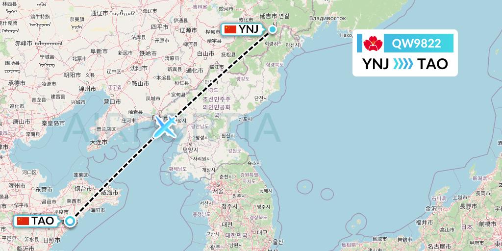 QW9822 Qingdao Airlines Flight Map: Yanji to Qingdao