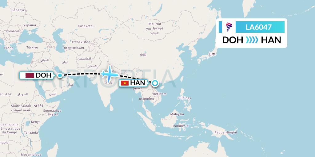 LA6047 LAN Airlines Flight Map: Doha to Hanoi