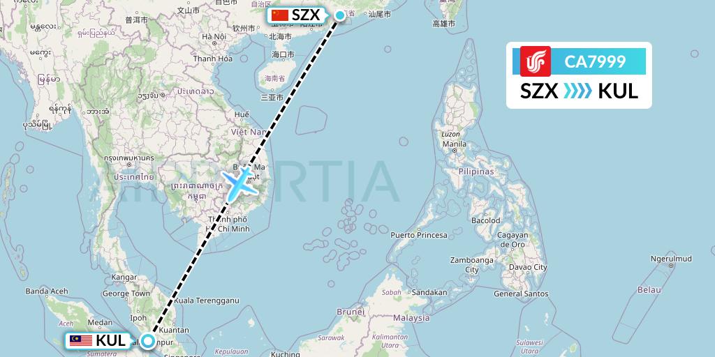 CA7999 Air China Flight Map: Shenzhen to Kuala Lumpur