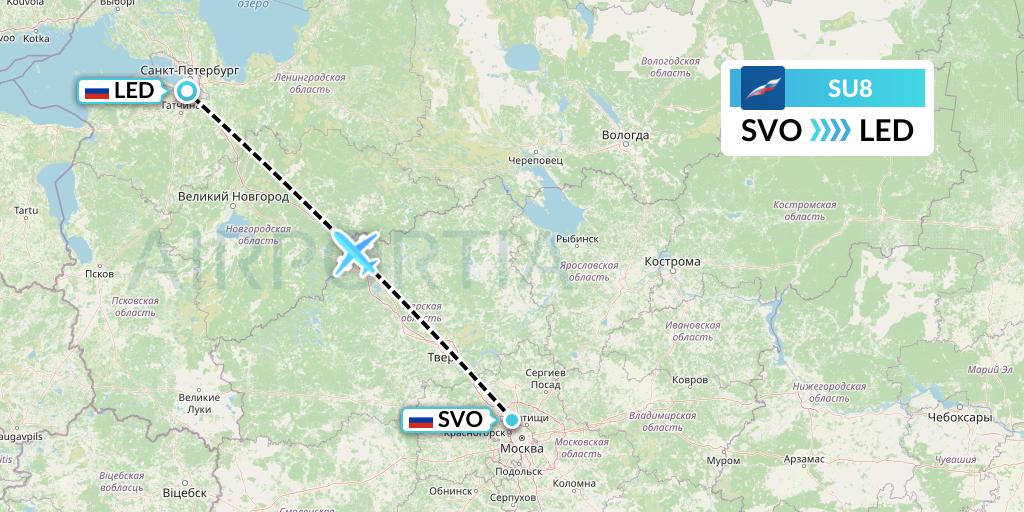 SU8 Aeroflot Flight Map: Moscow to St. Petersburg