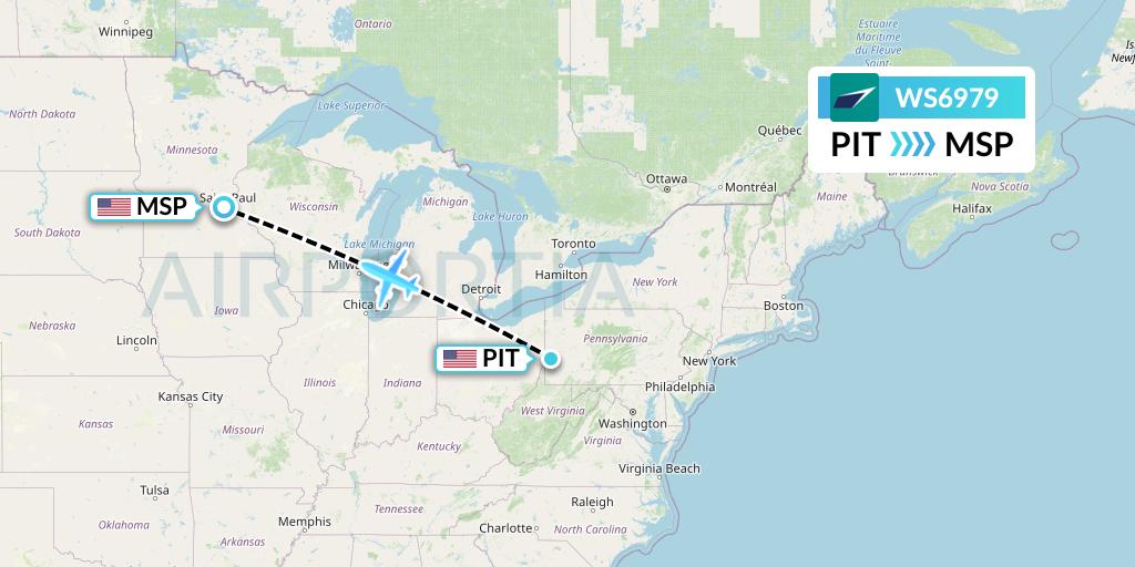 WS6979 WestJet Flight Map: Pittsburgh to Minneapolis