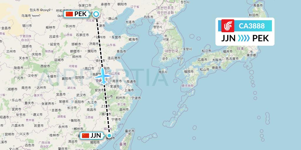 CA3888 Air China Flight Map: Jinjiang to Beijing