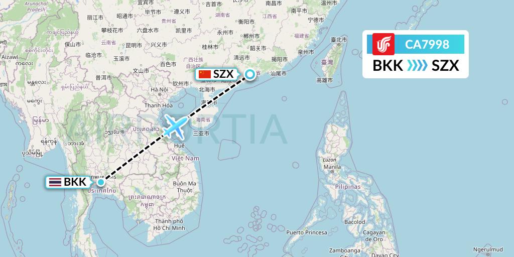CA7998 Air China Flight Map: Bangkok to Shenzhen