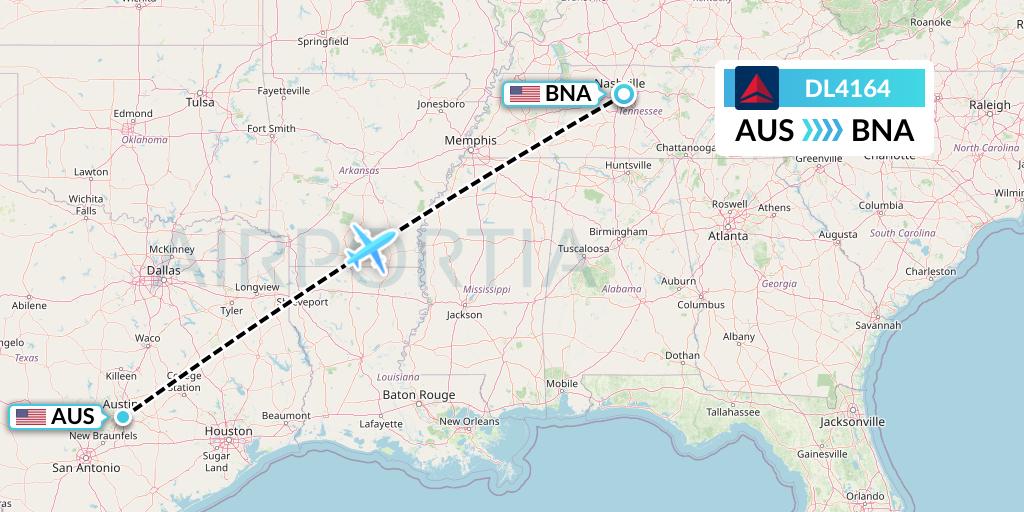 DL4164 Delta Air Lines Flight Map: Austin to Nashville
