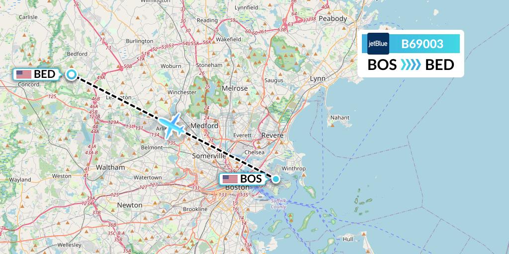 B69003 JetBlue Airways Flight Map: Boston to Bedford