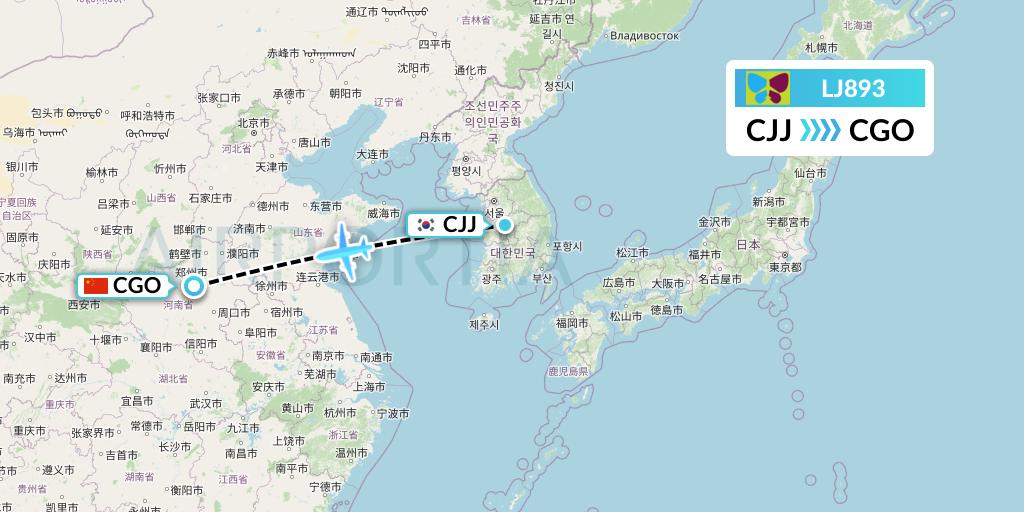 LJ893 Jin Air Flight Map: Cheongju to Zhengzhou