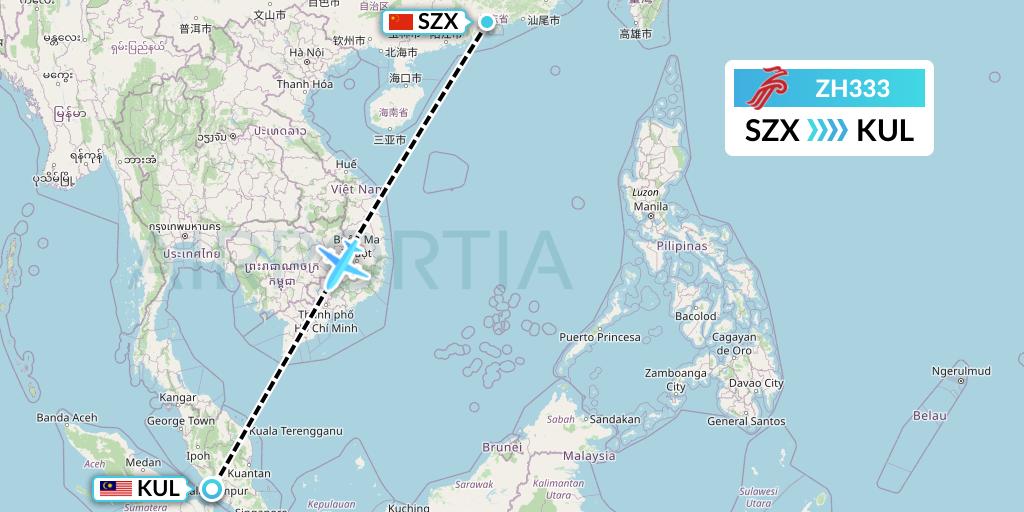 ZH333 Shenzhen Airlines Flight Map: Shenzhen to Kuala Lumpur