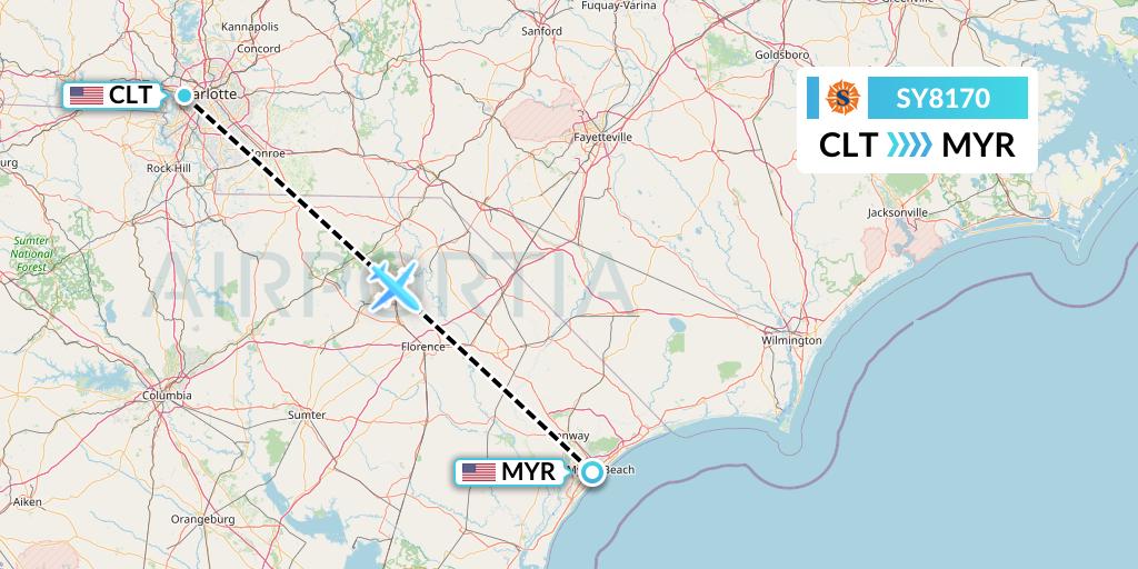 SY8170 Sun Country Airlines Flight Map: Charlotte to Myrtle Beach