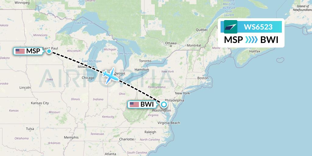 WS6523 WestJet Flight Map: Minneapolis to Baltimore