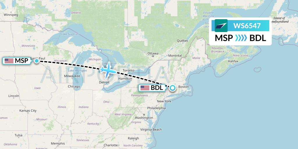 WS6547 WestJet Flight Map: Minneapolis to Windsor Locks