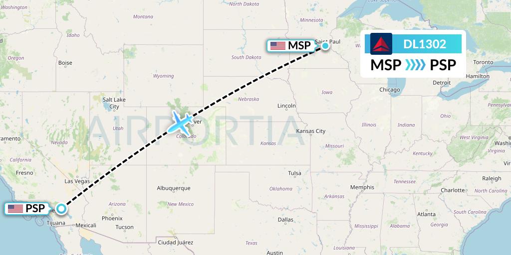 DL1302 Delta Air Lines Flight Map: Minneapolis to Palm Springs