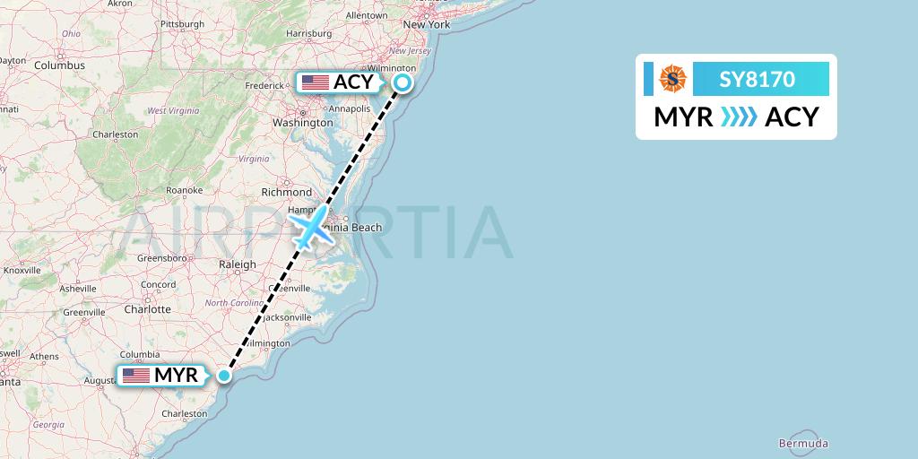 SY8170 Sun Country Airlines Flight Map: Myrtle Beach to Atlantic City