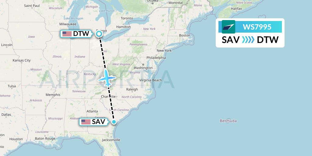 WS7995 WestJet Flight Map: Savannah to Detroit