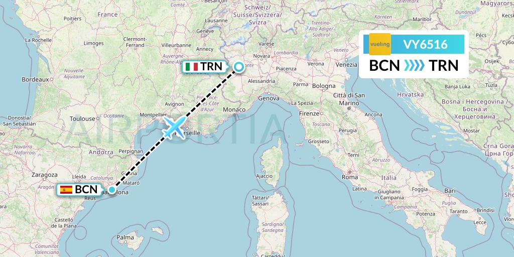 VY6516 Vueling Flight Map: Barcelona to Turin